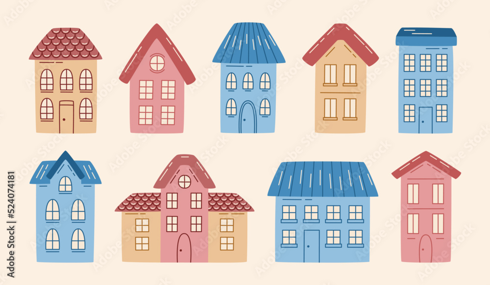 Collection of various minimalist doodle houses. Hand drawn cute city buildings. vector illustration.