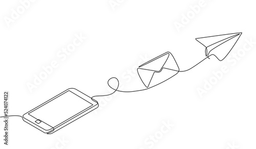 Continuous one line drawing of a chat messages on smartphone. Smartphone device concept sending instant message with flying envelope and paper airplane in doodle style. vector illustration