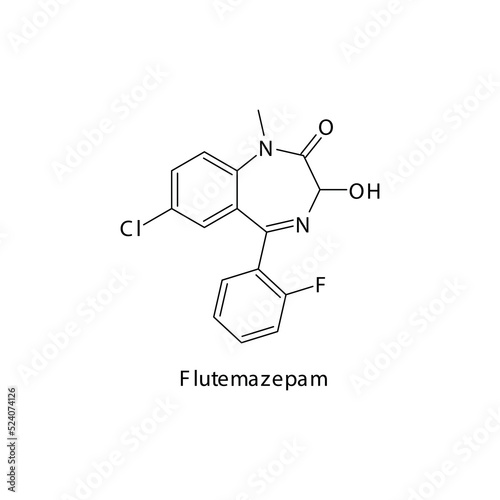 Flutemazepam molecule flat skeletal structure, Benzodiazepine class drug used as Anxiolytic, anticonvulsant, sedative, hypnotic agent. Vector illustration on white background.