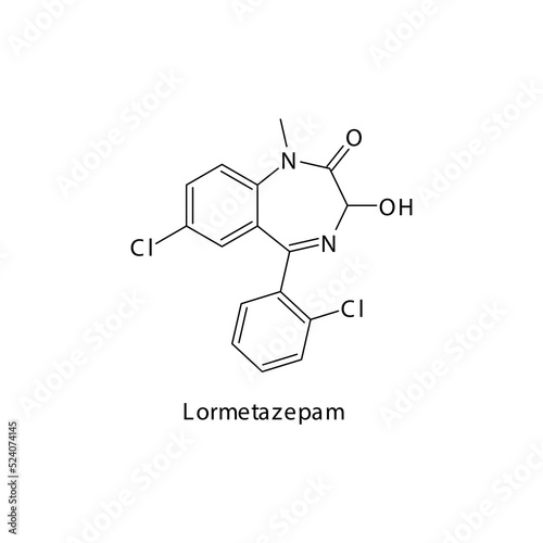 Lormetazepam molecule flat skeletal structure, Benzodiazepine class drug used as Sedative, hypnotic agent. Vector illustration on white background.