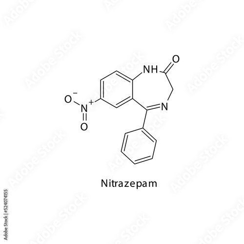 Nitrazepam molecule flat skeletal structure, Benzodiazepine class drug used as Anxiolytic, anticonvulsant, sedative, hypnotic agent. Vector illustration on white background.