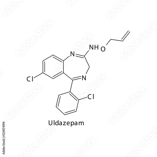 Uldazepam molecule flat skeletal structure, Benzodiazepine class drug used as Sedative, hypnotic agent. Vector illustration on white background.