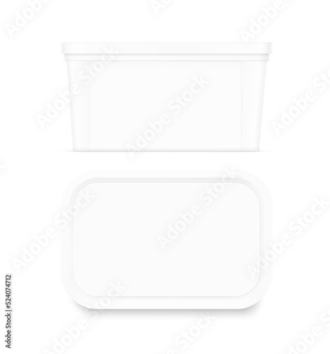 Food plastic container mockup. Front and upper view. Vector illustration isolated on white background. EPS10.