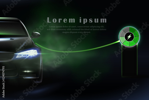 3d realistic vector icon. Hybrid car banner. Charging station on dark background.