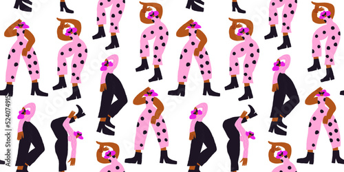 Vector seamless pattern with dancing people on white background. Stylish party people in fancy fashion looks