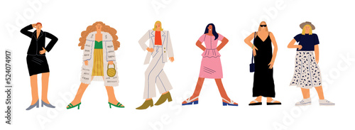 Group of stylish women on white background. Fashion looks of fashion bloggers. Women of New York fashion week for blog