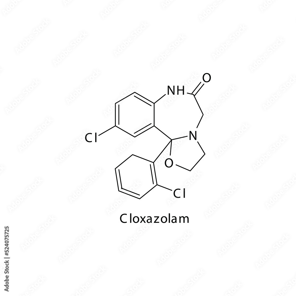 Cloxazolam molecule flat skeletal structure, Benzodiazepine class drug used as Anxiolytic, anticonvulsant, sedative, hypnotic agent. Vector illustration on white background. Cloxazolam molecule flat skeletal structure, Benzodiazepine class drug used as Anxiolytic, anticonvulsant, sedative, hypnotic agent. Vector illustration on white background.
