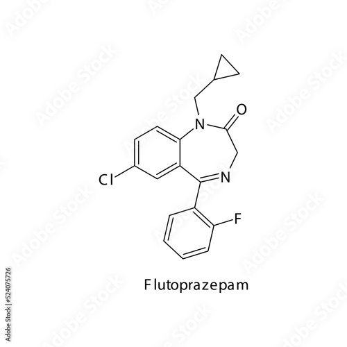 Flutoprazepam molecule flat skeletal structure, Benzodiazepine class drug used as Anxiolytic, anticonvulsant, sedative, hypnotic agent. Vector illustration on white background.