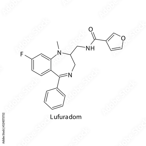 Lufuradom molecule flat skeletal structure, Benzodiazepine class drug used as Sedative, hypnotic agent. Vector illustration on white background.