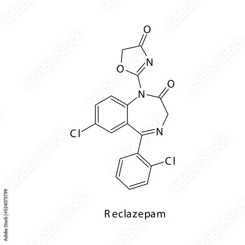 Reclazepam molecule flat skeletal structure, Benzodiazepine class drug used as Sedative, hypnotic agent. Vector illustration on white background.