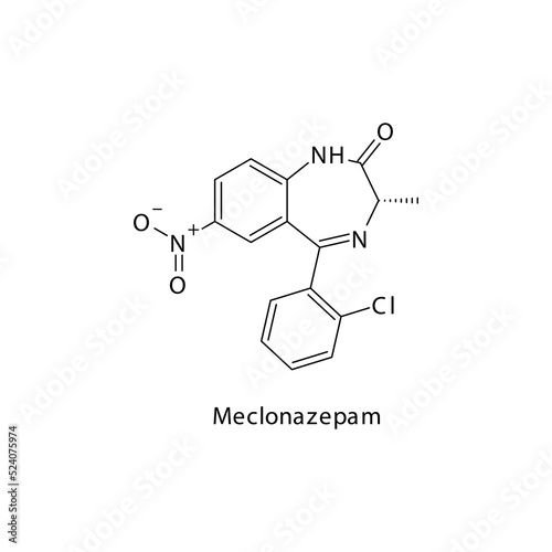 Meclonazepam molecule flat skeletal structure, Benzodiazepine class drug used as Sedative, hypnotic agent. Vector illustration on white background.