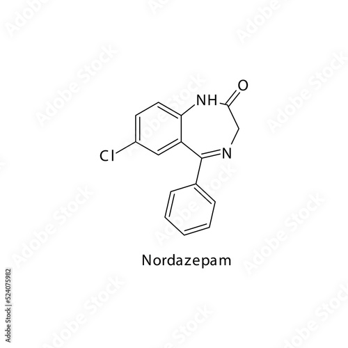 Nordazepam molecule flat skeletal structure, Benzodiazepine class drug used as Anxiolytic, anticonvulsant, sedative, hypnotic agent. Vector illustration on white background.