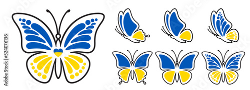 Blue yellow monarch butterfly contour line isolated on white background. Modern vector graphic illustration. Patriotic concept is perfect for Ukraine patriot sticker, icon and decoration design