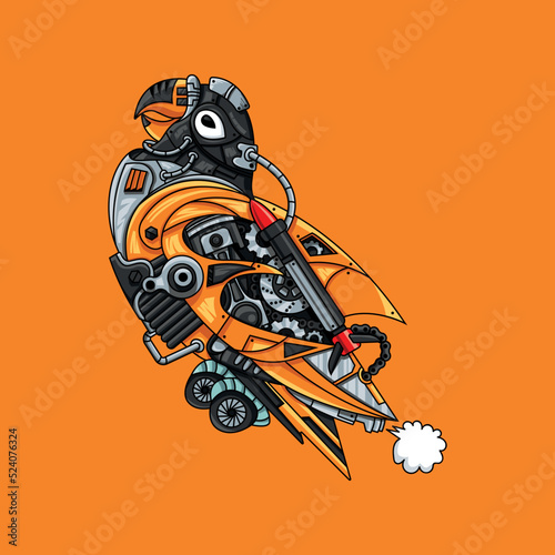Illustration of a robotic parrot with rockets on its wings on an orange background