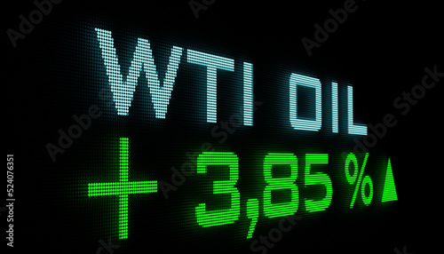 WTI (West Texas Intermediate) oil, positive price change on LED screen. Surging oil prices, inflation and commodity trading concept. 3D illustration photo