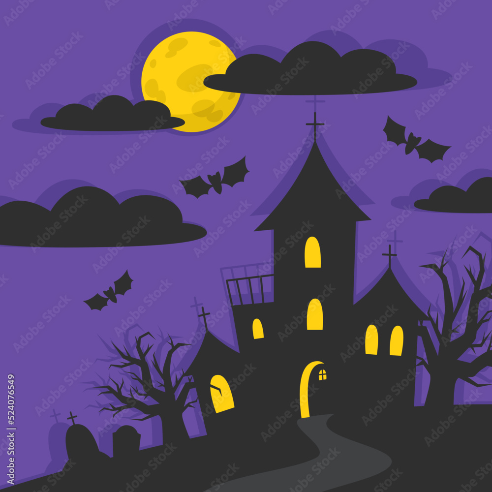 Halloween illustration of night landscape with castle and full moon