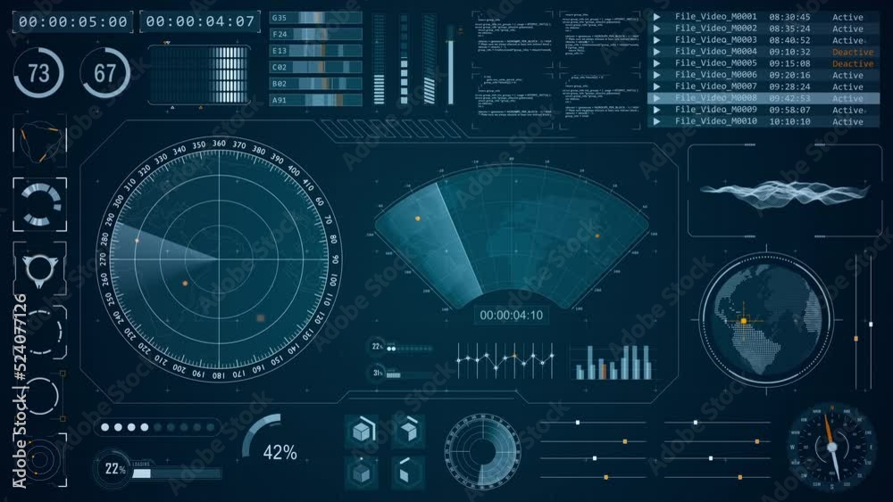 Motion graphic of Blue color sonar radar screen searching an object with futuristic head up display ( HUD UI ) technology interface screen and chat panel abstract background	
