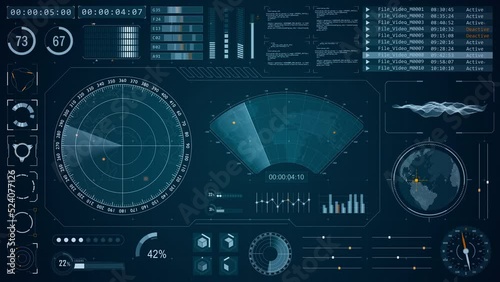 Motion graphic of Blue color sonar radar screen searching an object with futuristic head up display ( HUD UI ) technology interface screen and chat panel abstract background	
