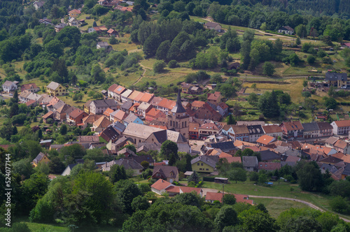 The village of 57850 Dabo with church in France in the Vosges seen from the tower