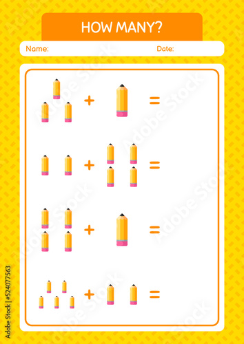 How many counting game with pencil. worksheet for preschool kids, kids activity sheet