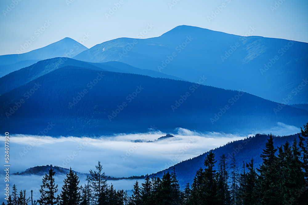 Beautiful dark blue mountain landscape with fog and forest. sunrise and sunset in mountains. Carpathian mountains, Ukraine, Europe