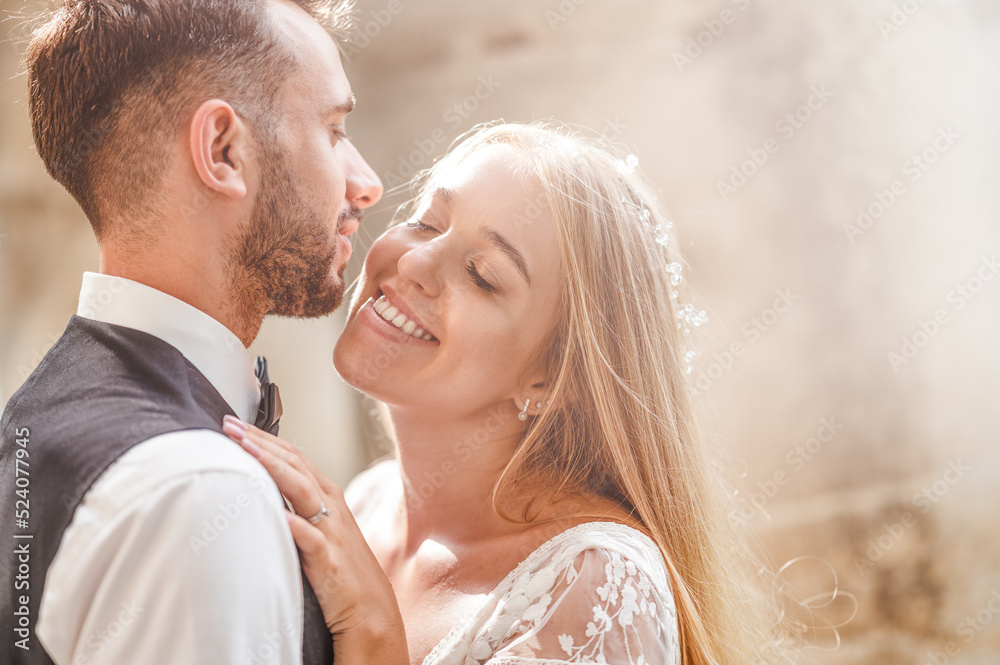 Happy wedding photography of bride and groom
