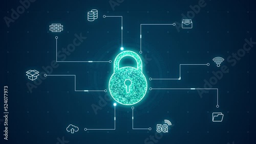 Motion graphic of Blue security key with line connection and data transfer to futuristic icon technology abstract background network security concept