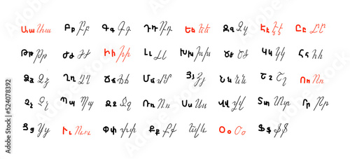Armenian alphabet. Correspondence of printed and handwritten, uppercase and lowercase letters of the Armenian alphabet. Vowel letters are highlighted in red. Illustration for language courses photo