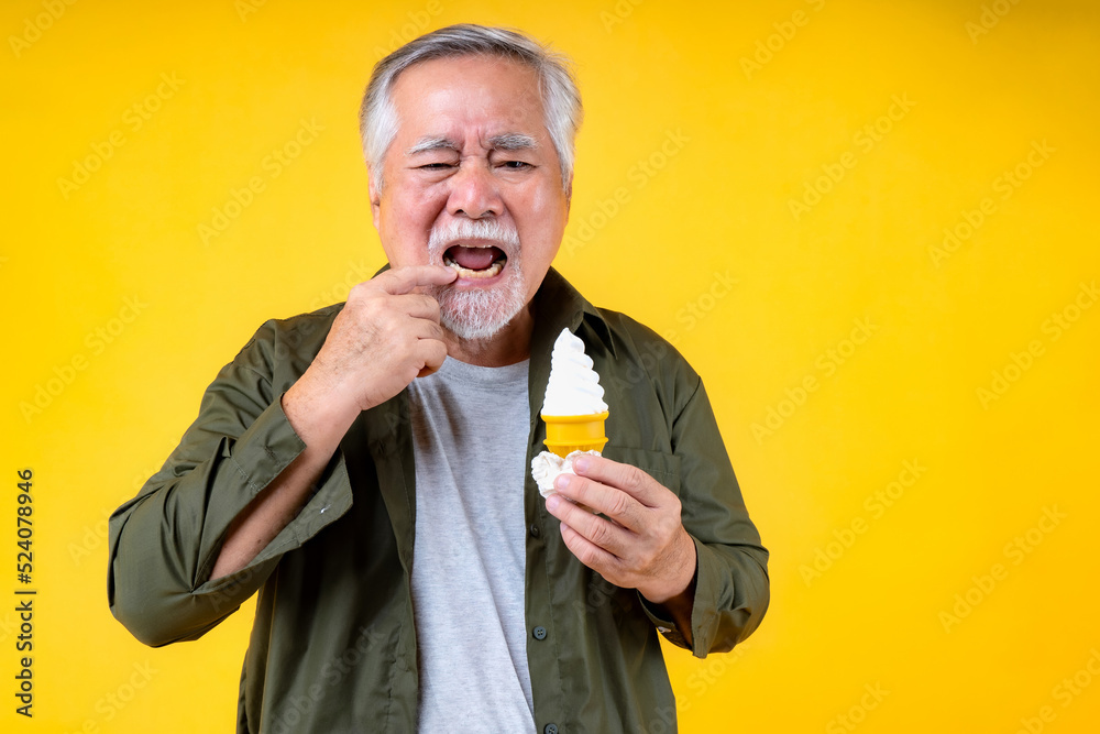 elderly men holding icecream, old man problem with Teeth, Desserts for elderly, Portrait Asian