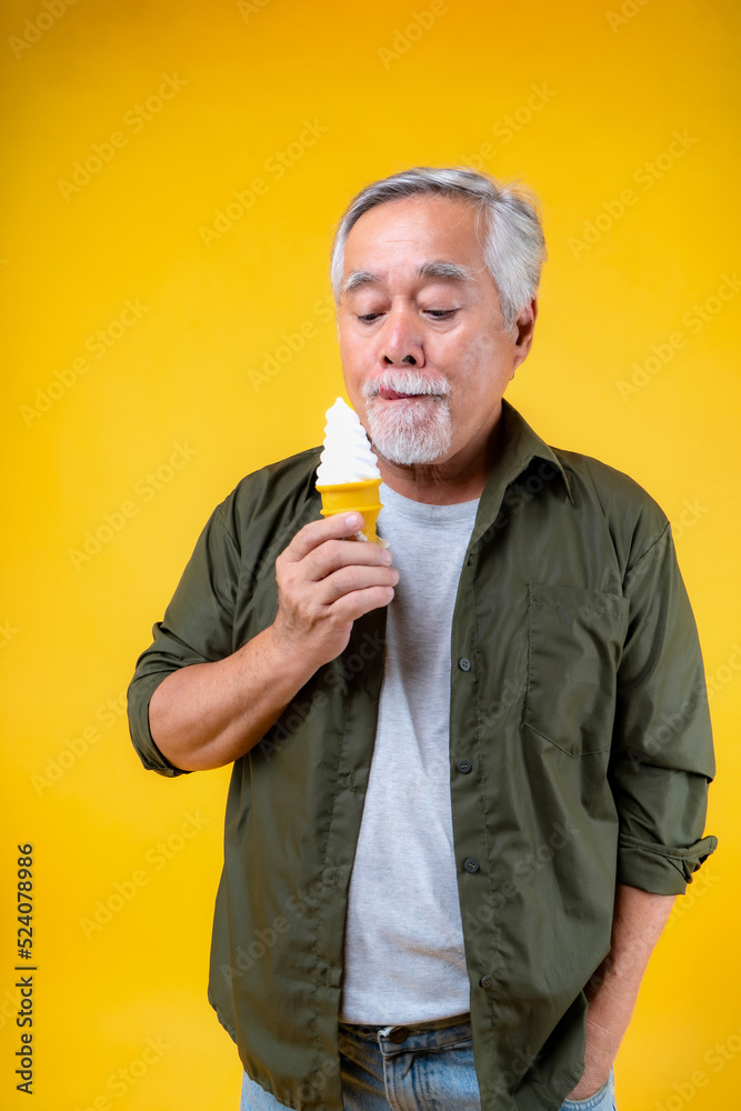 elderly men holding icecream, old man problem with Teeth, Desserts for elderly, Portrait Asian
