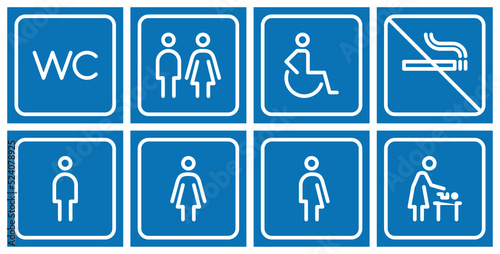 Toilet line icon set on blue backgrounds. WC sign. Men,women,mother with baby and handicap symbol. Restroom for male, female, transgender, disabled. Vector graphics