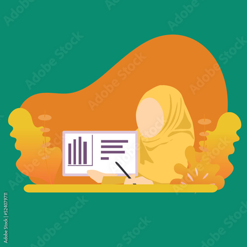 Simple Vector illustration drawing of a businesswoman presenting company financial report via tablet in hand. Energetic and passionate Muslim businesswoman. Modern design vector illustration