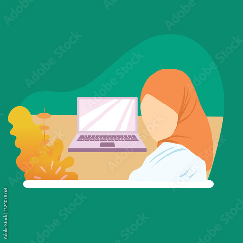Simple Vector illustration drawing of a child in the classroom, sitting in a chair with an open laptop ready to study. Modern education concept. Modern design vector illustration