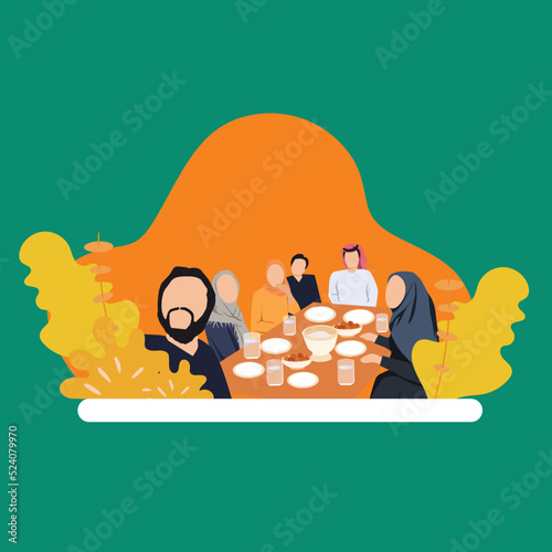 Simple Vector illustration drawing of Eid Mubarak Muslim family having Iftar dinner taking pictures with mobile phone while eating traditional food during Ramadan feasting month at home. Modern Design