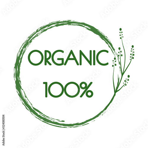 100% organic, sticker, proper nutrition, healthy food sticker in a green circle.