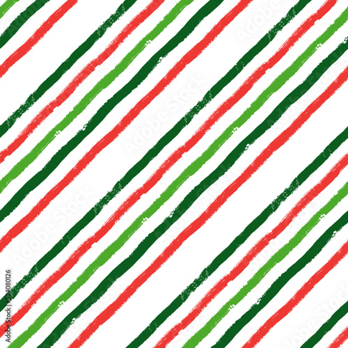 Christmas diagonal stripes pattern, seamless brush texture lines background, red and green geometric parallel strokes, gift paper vector