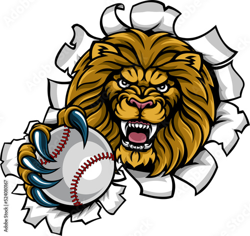 Lion Holding Baseball Ball ...