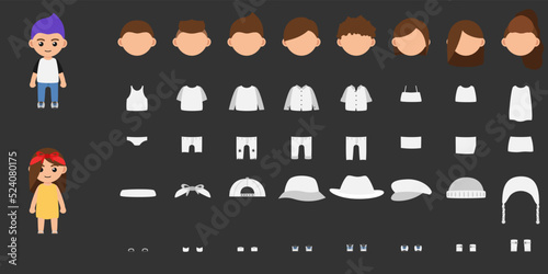 Universal kid character constructor. The game asset is suitable for female and male characters. Set with different clothes, hairstyles, accessories and shoes for a boy and a girl
