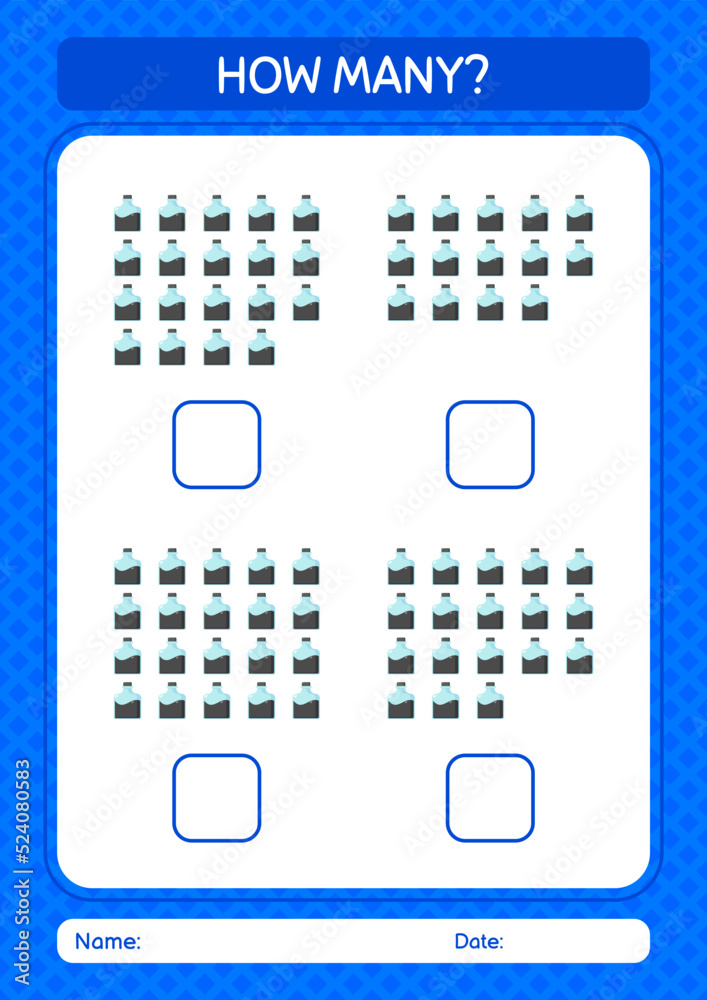 How many counting game with ink bottle. worksheet for preschool kids, kids activity sheet How many counting game with ink bottle. worksheet for preschool kids, kids activity sheet
