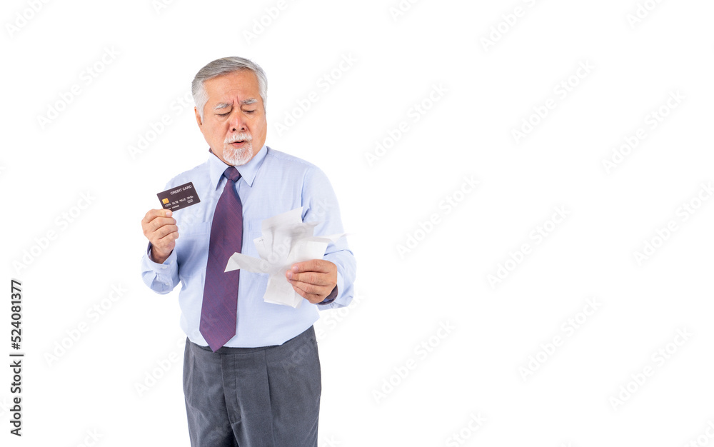 stress asian old man with Bill payment, business asian elderly men stressed and confused by calculate expense from invoice or bils credit card. stress asian old man with Bill payment, business asian elderly men stressed and confused by calculate expense from invoice or bils credit card.