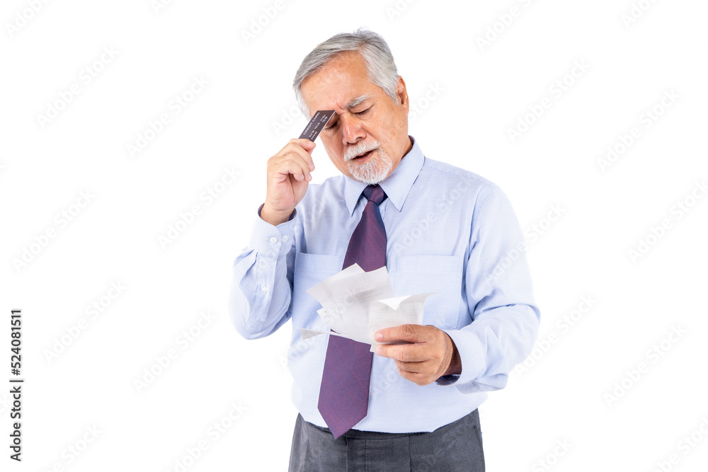 stress asian old man with Bill payment, business asian elderly men stressed and confused by calculate expense from invoice or bils credit card. stress asian old man with Bill payment, business asian elderly men stressed and confused by calculate expense from invoice or bils credit card.