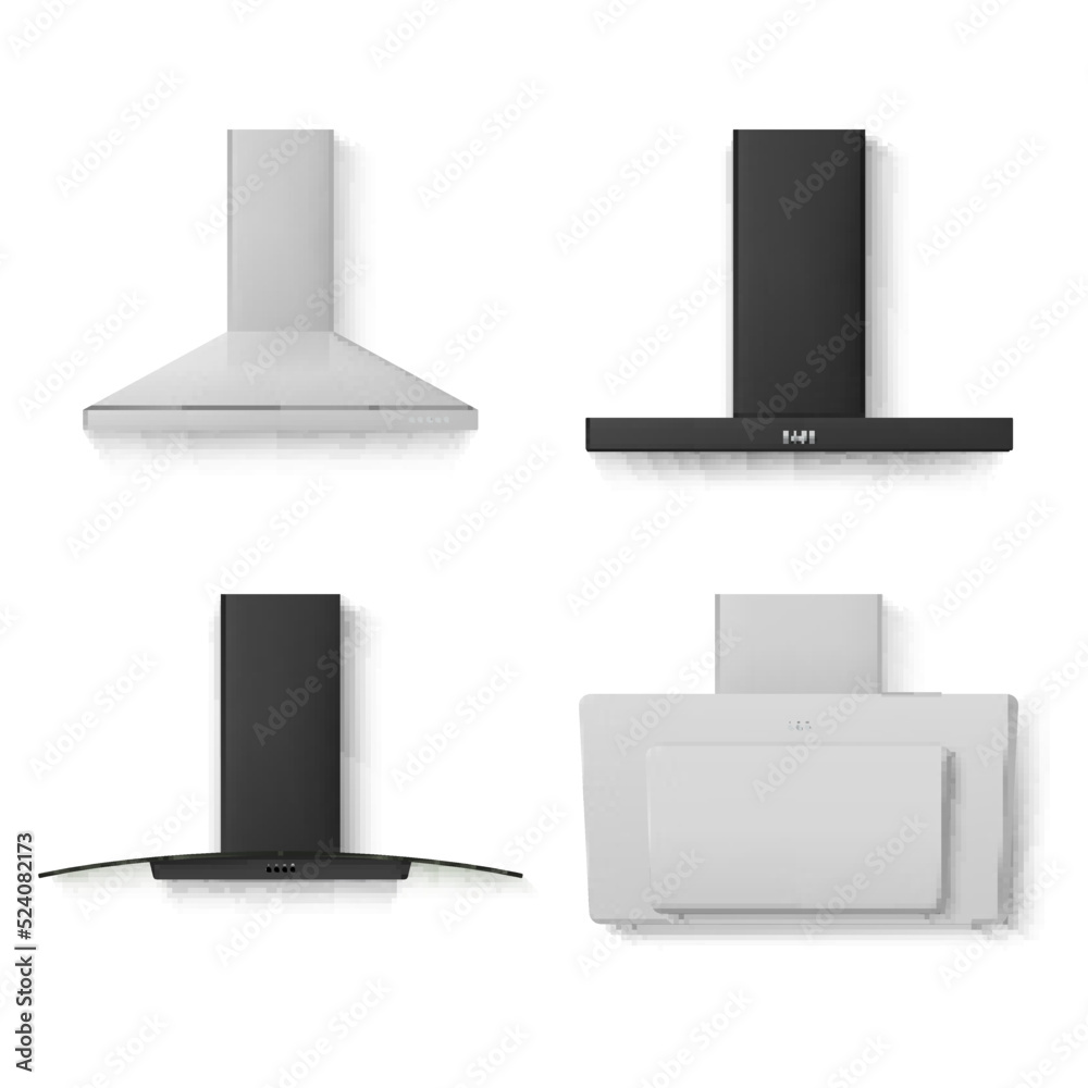 Kitchen hoods different shape set realistic vector silver gray and black modern household appliances Kitchen hoods different shape set realistic vector silver gray and black modern household appliances