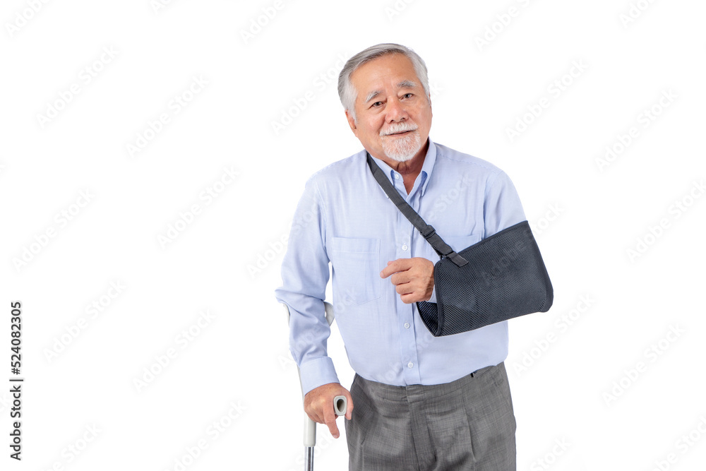 retired asian elderly man broken arm wear arm splint for treatment confident lifestyle, Old elderly male medical care. retired asian elderly man broken arm wear arm splint for treatment confident lifestyle, Old elderly male medical care.