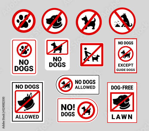 No pets warning signs in red frame set vector flat illustration dogs stop prohibition street symbols