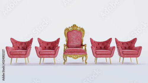 3D render of red king thrond between red armchair isolated on white background,