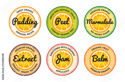 Premium orange dessert organic natural vitamin scratched old circle stickers set vector illustration