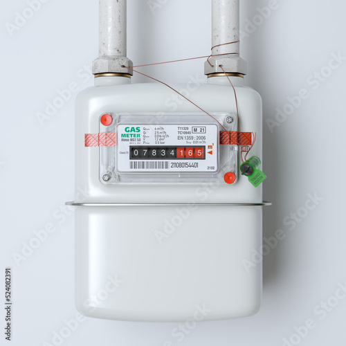 Household gas meter close up on the background of the wall.3D render photo