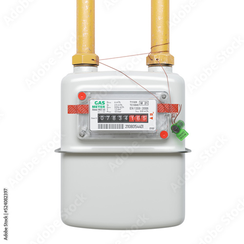 Household gas meter with yellow pipes isolated on a white backgroundю 3D render photo