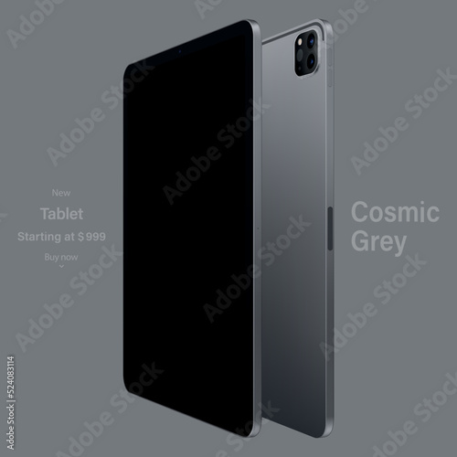 tablet grey color with black touch screen saver and backside view isolated on gray background. mockup of realistic and detailed device. vector 3d isometric illustration