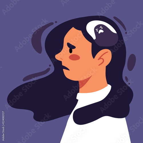 Woman anxiety attack. Frustrated woman with mental problem experiencing fear, sorrow, negative thoughts. Depressed woman in thought. Schizophrenia, inner voices. Flat vector illustration